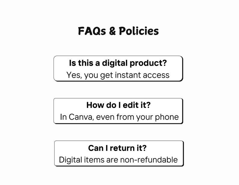 May include: An informational graphic titled FAQs & Policies with three sections. The first asks Is this a digital product? with the answer Yes, you get instant access. The second asks How do I edit it? with the answer In Canva, even from your phone. The third asks Can I return it? with the answer Digital items are non-refundable.