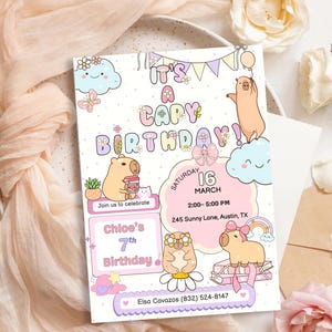 May include: A whimsical birthday invitation featuring cartoon capybaras and the text "It's a Capy Birthday!" in colorful letters. The invitation includes event details, such as the date, time, and location, with a pink and purple color scheme.