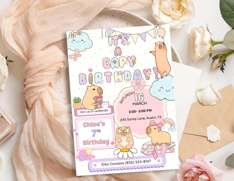 May include: A whimsical birthday invitation featuring cartoon capybaras and the text "It's a Capy Birthday!" in colorful letters. The invitation includes event details, such as the date, time, and location, with a pink and purple color scheme.