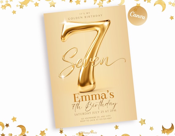 Golden Birthday Invitation Template, 7th Birthday Invitation Girl, Editable Canva Template, Gold Birthday Invite, Instant Download