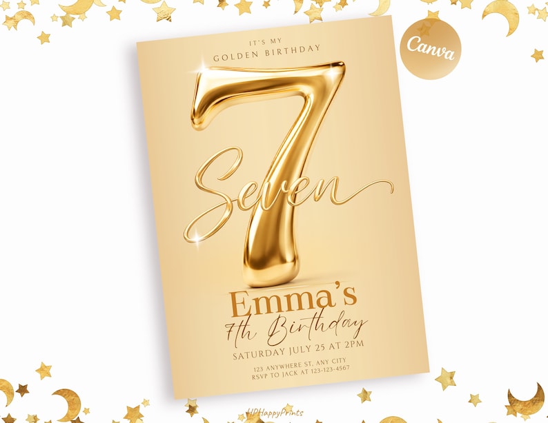 Elegant Golden Birthday invitation template featuring a large metallic gold number 7 with handwritten Seven script overlay on a warm gold background. Editable Canva invitation for a girl's 7th birthday party with luxury modern typography and gold birthday theme.