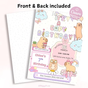 May include: A light-colored birthday invitation with the text "It's a Capy Birthday!" and the name "Chloe's" and the number "7th". The invitation features cartoon capybaras, clouds, and flowers. The back of the invitation is included.
