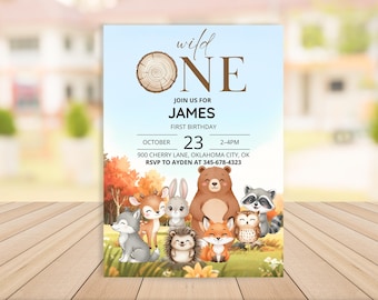 Invitación de cumpleaños con temática de animales del bosque / Invitación para fiesta de primer cumpleaños con animales del bosque / Plantilla editable de Canva