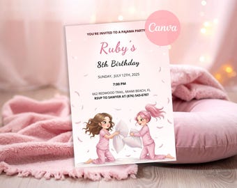 Pajama Party Invitation Editable Canva | Sleepover Birthday Invite Girl | Slumber Party Printable | Pink PJ Party Evite | Instant Download