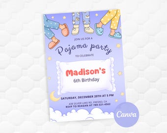 Pajama Party Invitation, Sleepover Birthday Invite for Girls, Editable Slumber Party Canva Template + Mobile Version