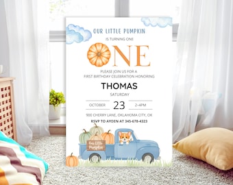 Little Pumpkin Birthday Invitation Boy, Blue Truck Pumpkin 1st Birthday Invite, Fall First Birthday, Editable Canva Template