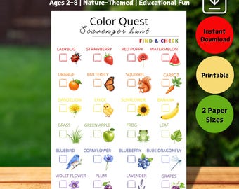 Color Scavenger Hunt Printable, Nature Walk Game for Kids, Outdoor Activity, Preschool Worksheet, Rainbow Hunt