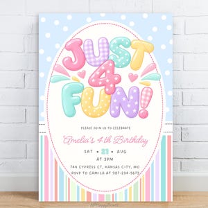 May include: A rectangular birthday invitation card featuring a light blue background with white polka dots. The text JUST 4 FUN! appears in colourful, puffy, patterned letters. Below, the card reads: PLEASE JOIN US TO CELEBRATE Amelia's 4th Birthday SAT 21 AUG AT 3PM 744 CYPRESS CT, KANSAS CITY, MO RSVP TO CAMILA AT 987-234-5673.