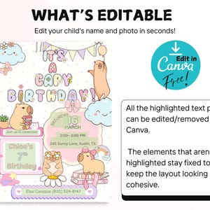 May include: A customizable birthday invitation with the text "It's a Capy Birthday!" featuring cartoon capybaras, clouds, and rainbows. The invitation includes editable fields for the child's name, photo, date, time, and location. The design is editable in Canva.