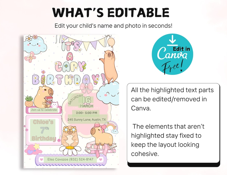 May include: A customizable birthday invitation with the text "It's a Capy Birthday!" featuring cartoon capybaras, clouds, and rainbows. The invitation includes editable fields for the child's name, photo, date, time, and location. The design is editable in Canva.