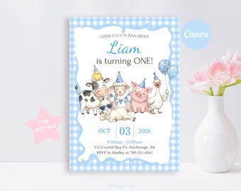 Farm Animals Birthday Invitation for Boy, Editable Barnyard First Birthday Party Invite Template