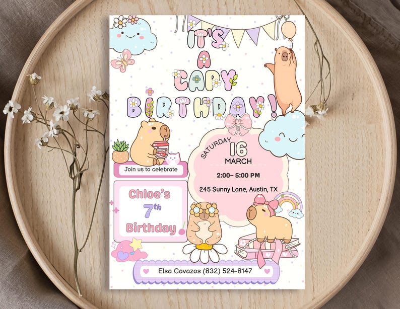 May include: A whimsical birthday invitation featuring cartoon capybaras, pastel colors, and the text "It's a Capy Birthday!" The invitation includes event details: date, time, and location. The design incorporates clouds, rainbows, and floral elements.