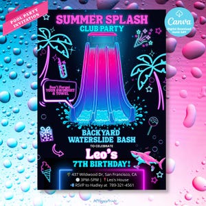 Inbjudan till födelsedag för vattenrutschkana, neon poolpartyinbjudan för barn och tonåringar, sommarstänk Canva-mall, redigerbar digital nedladdning