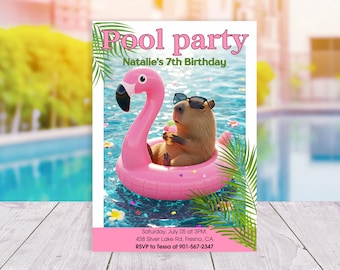 Capybara Pool Party Invitation for Kids Birthday, Funny Summer Canva Template, Schools Out Celebration, Editable Digital Download