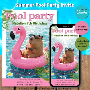 Capybara Pool Party Invitation: Editable Summer Birthday Invite (Digital Download)