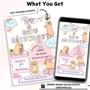 May include: A printable invitation and a mobile-friendly version are displayed. The invitation features a capybara theme with the text "It's a Capy Birthday!" and party details. The design includes pastel colors and cute illustrations.