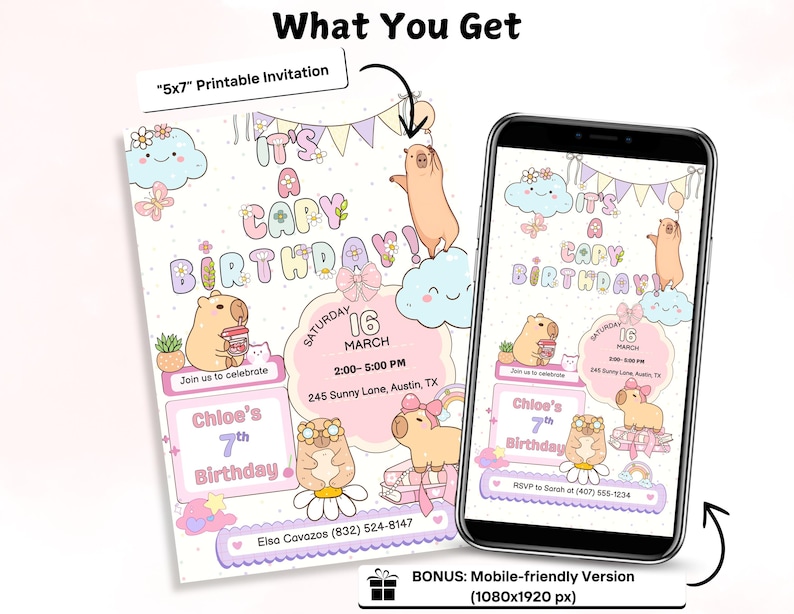 May include: A printable invitation and a mobile-friendly version are displayed. The invitation features a capybara theme with the text "It's a Capy Birthday!" and party details. The design includes pastel colors and cute illustrations.