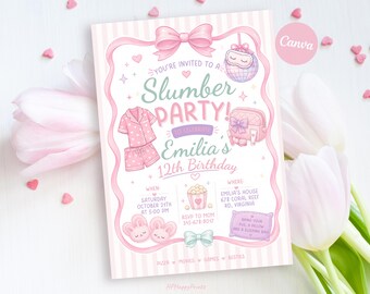 Slumber Party Invitation, Sleepover Birthday Invite, Pajama Party Invitation, Girls Sleepover, Tween Pajama Party, Editable Canva Template