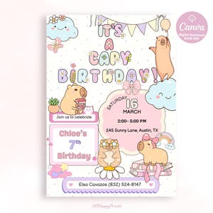 May include: A whimsical birthday invitation featuring capybaras, clouds, and flowers in pastel colors. The text reads "It's a Capy Birthday!" with details for a 7th birthday party on March 16th. Includes contact information and Canva logo.