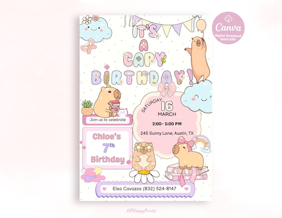 Capybara Birthday Invitation, Editable Canva Template, Kids Party Invite, Printable 5x7 + Mobile, Instant Download