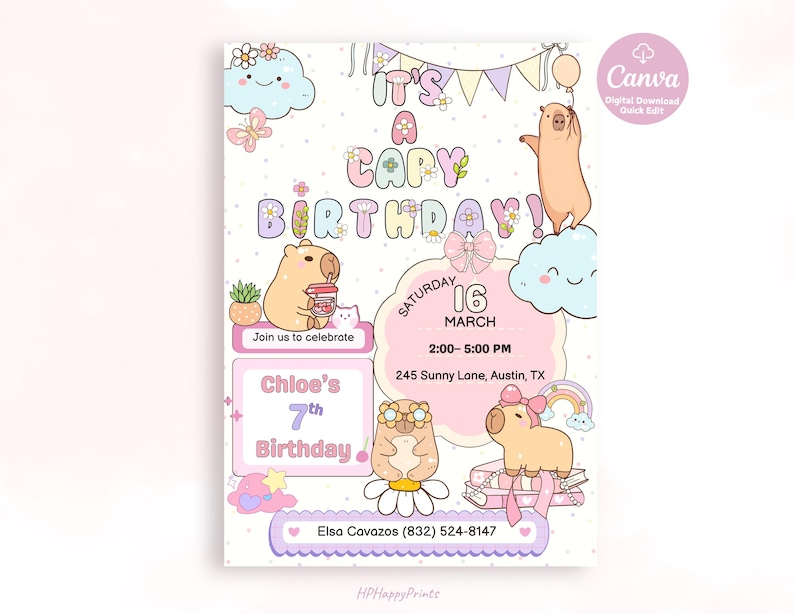 May include: A whimsical birthday invitation featuring capybaras, clouds, and flowers in pastel colors. The text reads "It's a Capy Birthday!" with details for a 7th birthday party on March 16th. Includes contact information and Canva logo.