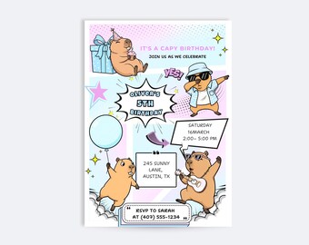Capybara Birthday Invitation Girl Boy, Funny Comic Kids Party Invite, Editable Canva Template, Printable 5x7 + Mobile, Instant Download