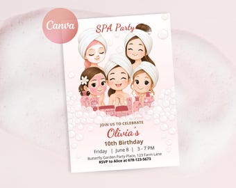 Girls Spa Birthday Invitation, Pink Pamper Party Invite, Tween Spa Birthday, Editable Canva Template, Printable Evite