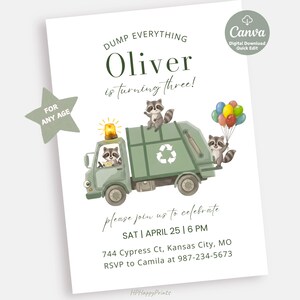 Garbage Truck Birthday Invitation, Trash Bash Party, Dump Everything Theme, 3rd Birthday Boy, Raccoon Truck Invite, Editable Canva