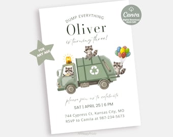 Garbage Truck Birthday Invitation, Trash Bash Party, Dump Everything Theme, 3rd Birthday Boy, Raccoon Truck Invite, Editable Canva