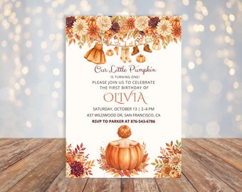 Our Little Pumpkin Birthday Invitation, Pumpkin 1st Birthday Invite, Fall Birthday Party, Boho Autumn Theme, Editable Canva Template