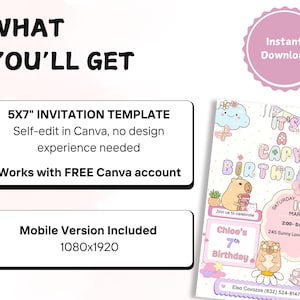 May include: A digital invitation template with a capybara theme. The invitation includes the text "It's a Capy Birthday!" and details for a 7th birthday party. The template is 5x7 inches and includes a mobile version.
