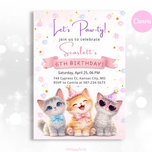 Cat Birthday Invite, Editable Kitten Party Invitation for Girls, Lets Pawty Theme, Printable 5x7 & Digital Evite, Canva Template