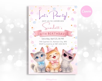Cat Birthday Invite, Editable Kitten Party Invitation for Girls, Lets Pawty Theme, Printable 5x7 & Digital Evite, Canva Template