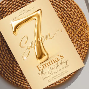 Golden Birthday Invitation Template, 7th Birthday Invitation Girl, Editable Canva Template, Gold Birthday Invite, Instant Download image 3