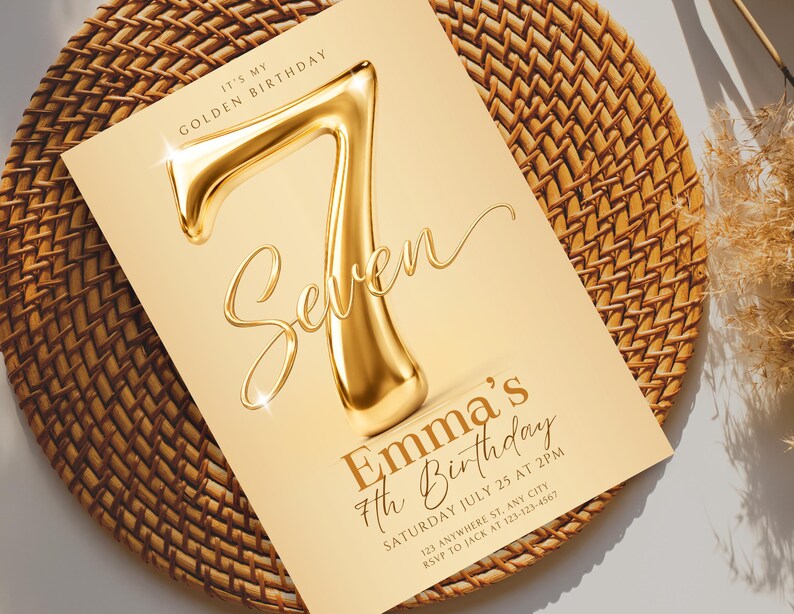 Golden Birthday Invitation Template, 7th Birthday Invitation Girl, Editable Canva Template, Gold Birthday Invite, Instant Download image 3