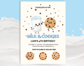 Milk and Cookies Birthday Invitation, One Sweet Boy First Birthday, Editable Canva Template