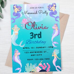 Editable Mermaid Birthday Invitation, Mermaid Birthday Invitation, Under the Sea Birthday Party Invitation, Mermaid Party Invitation
