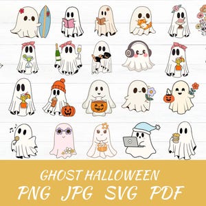 Cute Ghost Halloween svg Bundle, Retro Ghost png, Retro Floral Ghost png, Dog Ghost svg, Ghost Reading svg, Spooky Season, Halloween png