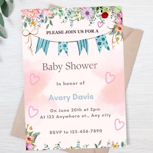 Boho Baby Shower invitation, Girl Baby Shower Invitation, Girl Baby Clothes Shower Invite, Boho Girl Clothesline Baby Shower Invitation