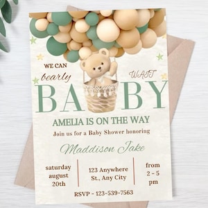 Editable We Can Bearly Wait Baby Shower Invitation, Digital Boy Baby Shower Invitation Templates, Balloon Baby Shower Party Invitation