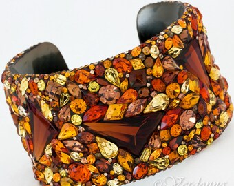 Handmade Rhinestone Cuff Bracelet, Bronze Topaz Swarovski Crystals