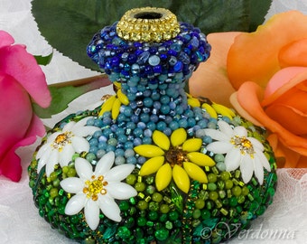 Mosaic Floral Bud Vase One-of-a-Kind Beaded Art Handmade Incense Holder Diffuser Yellow Flowers Emerald Green Blue Glass Verdonna Westcott