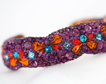 Amethyst Lover's Cuff Bracelet Encrusted with Purple Plum Orange Turquoise Aqua Blue Swarovski Rhinestones Small-Medium Handmade Fixed Size