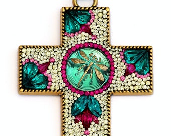 Dragonfly Hand Jeweled Cross Large 3" Turquoise Blue Green Czech Swarovski Glass Gold Fuchsia Rhinestones Art Nouveau Micro Mosaic Pendant