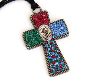 Christian Emerald Green Blue Red Gold Cross Hand Jeweled Swarovski Glass Rhinestones Pendant Verdonna Westcott Necklace Mosaic Gift Clergy
