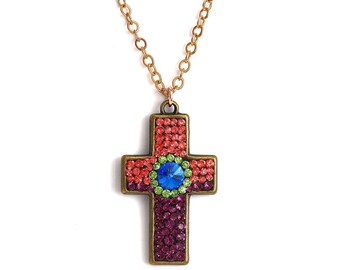 Swarovski Sapphire Blue Rivoli Cross Padparadscha Pink Coral Purple Amethyst Peridot Small 1 3/8" Jeweled Pendant Rhinestone Rose Gold Chain