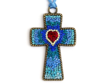 Ruby Red Heart Hand Jeweled Cross Pendant Necklace Swarovski Glass Blue Green Crystal Aqua Rhinestones Christian Jesus Christ Valentines Day