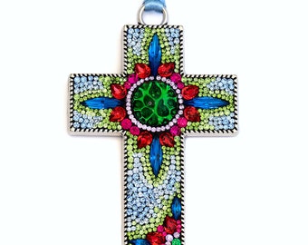 Vivid Emerald Green Hand Jeweled Micro Mosaic Silver Large 3" Cross Green Capri Blue Padparadscha Fuchsia Peridot Gold Pendant Necklace