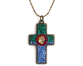 Foil Opal Jeweled Small Blue Green Ruby Red Hand Cross Pendant Necklace Swarovski Rhinestones Glass Christmas Gift for Her Stocking Stuffer