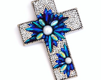 Stunning 3" Blue Pearl Star Cross Handmade Crystal AB Sapphire Swarovski Glass Fresh Water Encrusted Rhinestones Large Micro Mosaic Gift